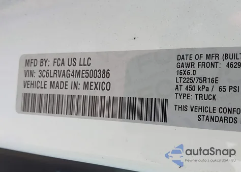 2021 Ram Promaster 1500 Low Roof 136 Wb из США, поврежденный, VIN 3C6LRVAG4ME500386